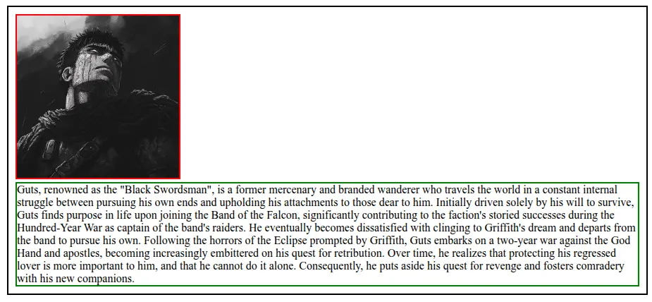 A main div with class=box with a image element and paragraph element inside it. No css float is applied to the image so the paragraph element simply goes below the image.